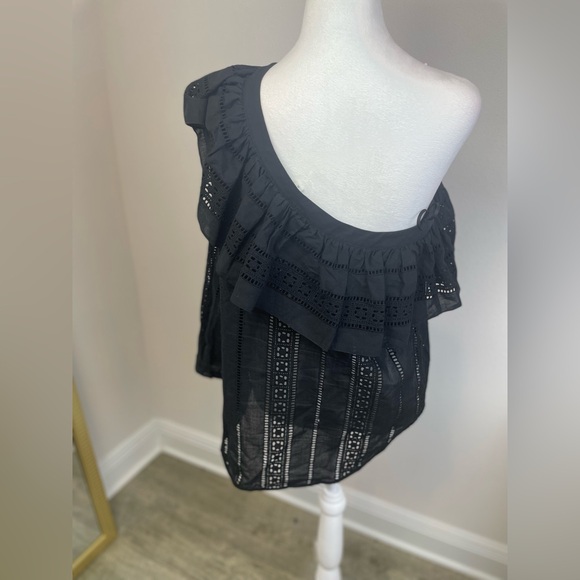Retail $298 Veronica Beard CRUZ RUFFLED ONE SHOULDER TOP BLACK COTTON EYELET TOP - Picture 11 of 11